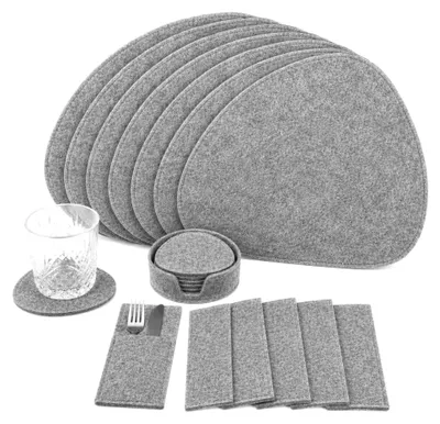 Produktbild von Filz Platzsets Oval, Platzdeckchen abwaschbar, Tischuntersetzer Filzmatten 26er Set mit Hülle Besteckhülle Untersetzern (hellgrau)