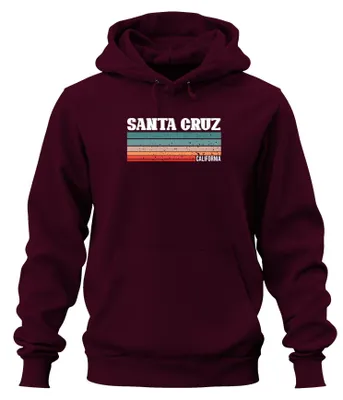 Immagine prodotto di Felpa con cappuccio vintage retrò a righe anni '70, stile Santa Cruz, colore bordeaux, taglia M
