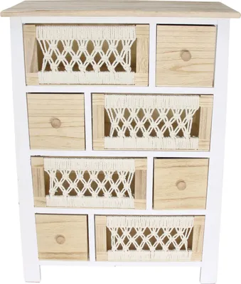 A wooden chest of drawers with macrame detailing on some of the drawer fronts, set against a white background.