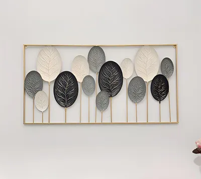 Image de tableau mural 3D "Feuilles" en métal noir / blanc, 136x70 cm, déco murale, décoration murale