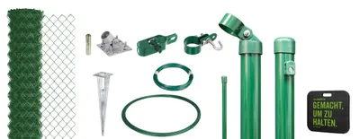 Produktbild von Alberts 690380 Maschendrahtzaun als Zaun-Komplettset, mit Einschlagbodenhülse und Kniekissen, grün, Höhe 125 cm, Länge 15 m
