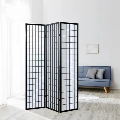 Produktbild von Homestyle4u Paravent Raumteiler 3 teilig Holz Schwarz Reispapier Weiß Höhe 175 cm