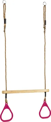 A product shot of a wooden trapeze bar with pink rings and rope hangers, isolated on a white background.