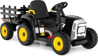 Zdjęcie produktu dla Traktor dla dzieci 12 V z odłączaną przyczepką i zdalnie sterowanym elektrycznym samochodzikiem-zabawką, czarny