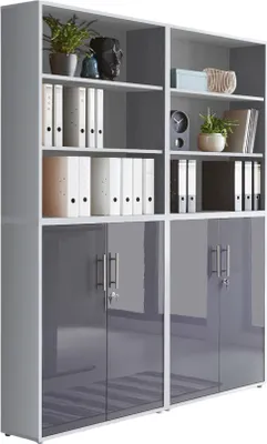 Produktbild von Aktenschrank TABOR 11 in lichtgrau / anthrazit Hochglanz, Schrankwand, Büroschrank, abschließbar, Metallgriffe