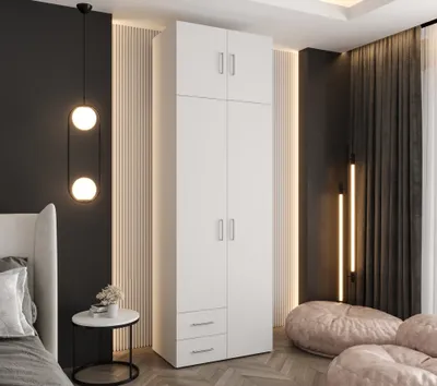 Produktbild von Drehtürenschrank 242x80x48 cm Weiß mit Aufsatz und 2 Schubladen – Moderner Kleiderschrank mit viel Stauraum für Schlafzimmer und Flur