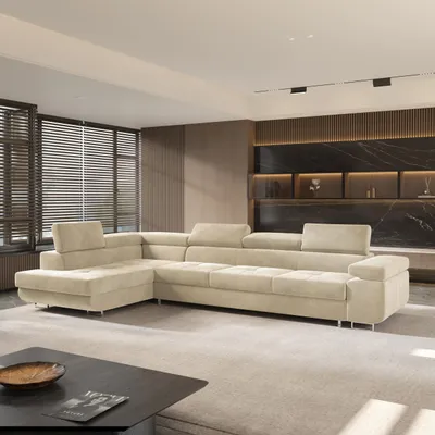 Produktbild von Masseno Ecksofa VICENTE mit Schlaffunktion L-Form, Sofa mit Bettkasten, Wohnzimmersofa, Couch, Soffa, Bettsofa, Couchgarnitur- Creme, MONOLITH 04