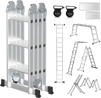 Produktbild von TolleTour Mehrzweckleiter Multifunktionsleiter Klappleiter 4x3 360cm Teleskopleiter A-Rahmenleiter Anlegeleiter Stehleiter Haushaltsleiter Aluleiter