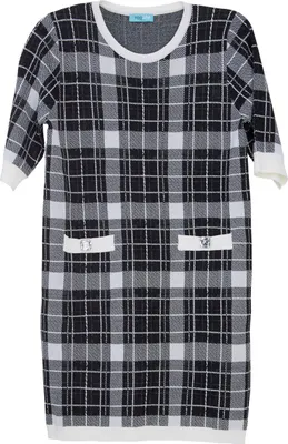 Produktbild von Kleid A Scacchi mit kariertem Muster, Rundhalsausschnitt und kurzen Ärmeln, Schwarz-Grau