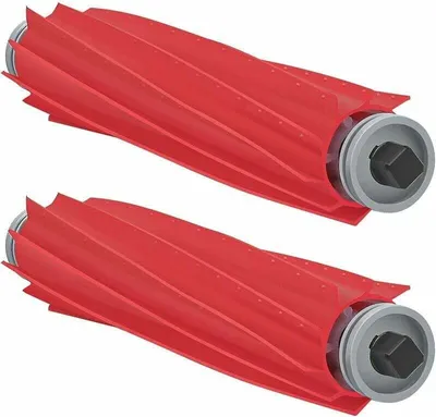 Two red robotic vacuum cleaner main brushes shown diagonally against a white background.