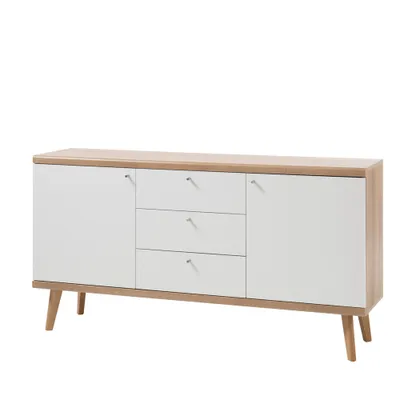 Produktbild von Wohnzimmer Sideboard MAINZ-61 Retro skandinavisch weiß matt mit Eiche Riviera Nb. B/H/T ca. 160x83x40cm