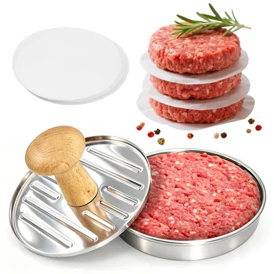Smash Burger Presse 13 cm, Edelstahl, mit 100 Backpapierblättern