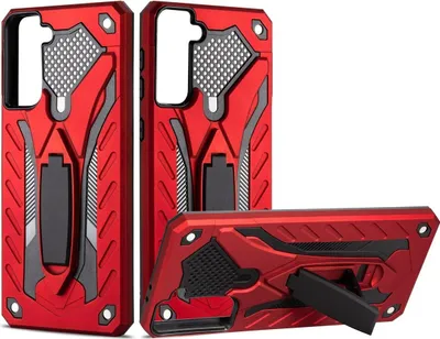 Three views of a red and black phone case with a kickstand.