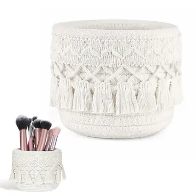 Produktbild von Geflochtener Kosmetik-Pinselhalter, Kamm- & Pinsel-Aufbewahrungsbox, Mini-Aufbewahrungskorb, 2er-Set im Boho-Stil, für Stifte, Bleistifte & Behälter