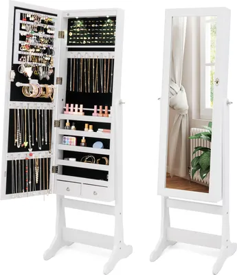 Produktbild von GOPLUS Schmuckschrank mit LED-Beleuchtung, Spiegelschrank Schmuckregal freistehend mit Ganzkörperspiegel, verstellbaren Neigungswinkeln, Weiß