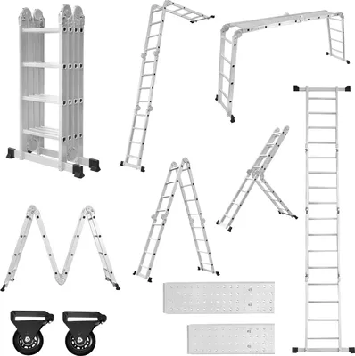 Produktbild von XMTECH 470 cm rebrík Viacúčelový skladací rebrík Kĺbový rebrík s plošinou Multifunkčný rebrík 6 v 1 4x4 stupne Strieborný