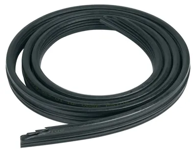 A black rubber sealing strip coiled into a circle on a white background.