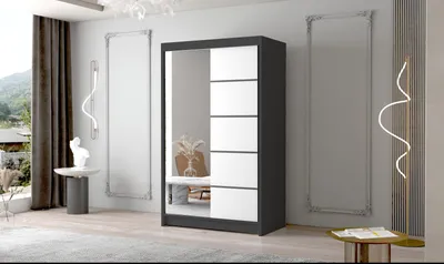 Produktbild von Schwebetürenschrank Letto III 100 cm mit Spiegel - Groß Kleiderschrank, Schiebetürenschrank mit Kleiderstange und Einlegeboden, Schlafzimmerschrank, Schiebetüren, 100x200x58 cm (Schwarz/Weiß)