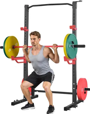 Immagine prodotto di Gabbia di forza Supporto per squat - Gabbia da allenamento - Capacità di carico 454 kg - Barra per trazioni - Ganci a J regolabili - Barre di sicurezza - 4 supporti per cinghie - Per allenamento con bilanciere