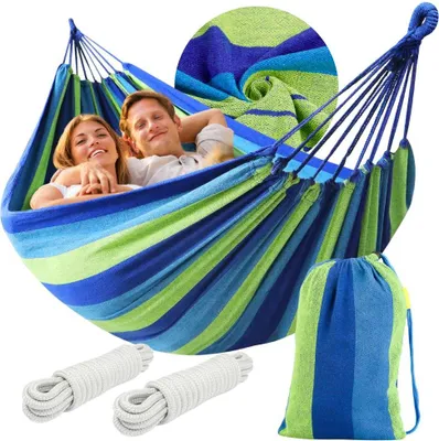 Zdjęcie produktu dla Wytrzymały hamak dwusosobowy duży xxl boho huśtawka 2w1 bawełniany 290 cm niebieski