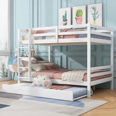 A white bunk bed with a pull-out trundle bed in a room with blue paneled walls and cactus artwork.