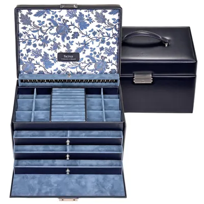 Produktbild von Sacher Schmuckkoffer Schmuckkasten FLORAGE Leder blau Schloss Schubladen