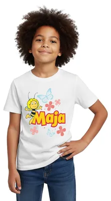 Produktbild von Spreadshirt Biene Maja Logo Blumen Schmetterlinge Kinder T-Shirt, 122/128 (7-8 Jahre), Weiß