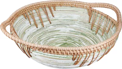 Zdjęcie produktu dla Gilde Schale, rund, "Fortaleza", gestreift, Bambus, Rattan, grün, naturfarben, VE 3, L. 30 cm, B. 35.5 cm, H. 11 cm 51597 4063387515976
