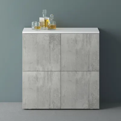 Produktbild von Mai & Mai Möbel Kommode Aufbewahrungsschrank mit 4 Türen in Weiß matt + Beton Sideboard Schrank Mehrzweckschrank BTH: 76x36,4x74cm Schrank04