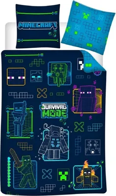 Produktbild von AYMAX Bettwäsche Minecraft Neon für Kinder, Bettbezug 140 x 200 cm + Kissenbezug 63 x 63 cm