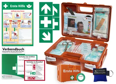 Produktbild von Erste-Hilfe-Koffer Quick -Komplettpaket- mit "Notfallbeatmungshilfe" für Betriebe - akt. DIN/EN 13157 + DIN 13164 -inkl. 1. Hilfe Aufkleber & Aushang