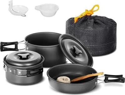 Produktbild von Famanu Kochgeschirr Set - Campingpfannen und Geschirr - 10-teilig für 2-3 Personen