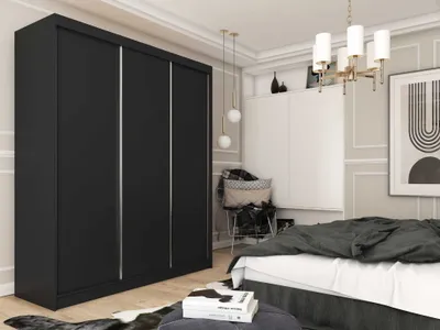 Produktbild von AGMAT Schwebetürenschrank Inari, Kleiderschrank mit 3 Türen und 2 Schubladen, Moderne Garderobe in Farbe: Schwarz, Schrank in Größe: 180 x 216 x 61 cm