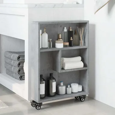 A bathroom storage unit with various toiletries and towels on shelves, next to a sink.