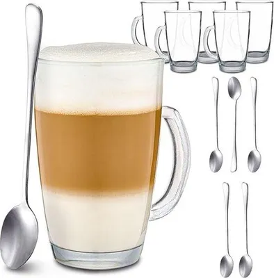 Immagine prodotto di Set di 6 bicchieri da latte macchiato con manico e cucchiaio - 300ml