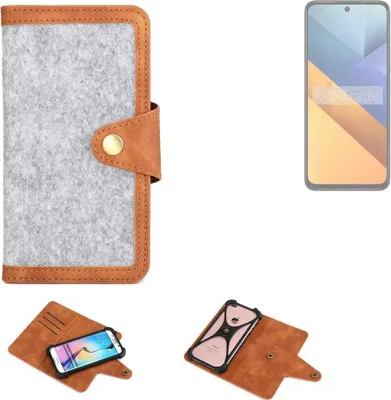 Produktbild von K-S-Trade Handyhülle kompatibel mit POCO M6 4G Schutzhülle Filz-Hülle Kunst-Leder hellgrau braun (1x)