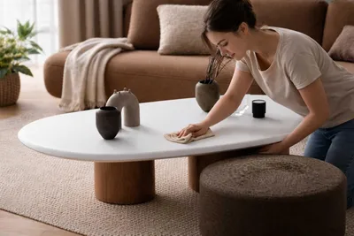 Image de Table basse design blanche pour salon, table d'appoint en bois noble