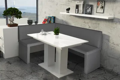 Produktbild von Eckbankgruppe 168x128 cm ROBIN R Grau / Esstisch DANTE Weiss HGL