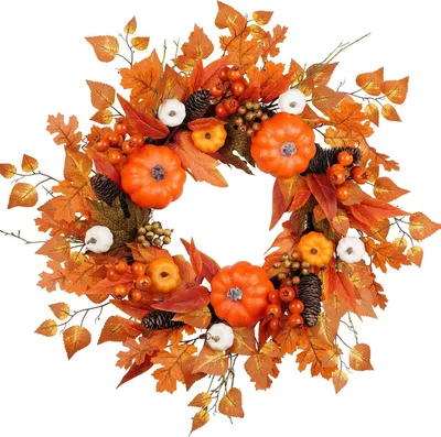 Productafbeelding van Herfstkrans met esdoornbladeren en pompoenen, 61 cm / 24 inch, grote kunstkrans voor decoratie in de herfst, met kegeltjes en bessen, geschikt voor binnen- en buitendecoratie