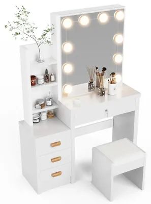 Immagine prodotto di Toeletta - Tavolino da trucco 918B - 4 cassetti - Con sgabello - Senza specchio - 80x36x130 cm - Stile moderno - Bianco