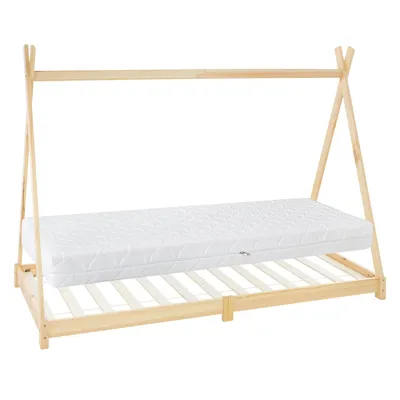 Obrázek produktu pro ML-Design dětská postel tipi 90x200 cm s matrací a roštem, přírodní, indická postel z borovicového dřeva podlahová postel dřevěná postel