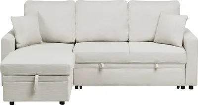 Produktbild von BELIANI Ecksofa mit Schlaffunktion Hellbeige Kunstleinen Stoff L-Förmig 3-Sitzer Sofa Rechtsseitig mit Stauraum Kissen Gepolstert Stoffsofa Schlafcouch