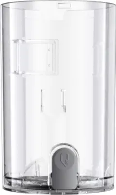 A clear plastic dustbin with a gray release mechanism at the bottom.