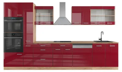 Zdjęcie produktu dla Zabudowa kuchenna Vicco R-Line Czerwony wysoki połysk/złoty dąb 350 cm z wysoką szafką, bez blatu, Model 37663