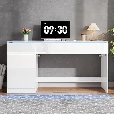 Productafbeelding van Hoogglans bureau, wit, met lades en LED-verlichting, computerbureau en make-up tafel zonder spiegel, 120 x 50 cm