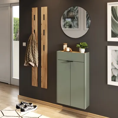 Produktbild von Garderobe Flurgarderobe schmal in grün mit Eiche ABERDEEN-01 modern 4-teilig mit 2 Garderobenpaneelen