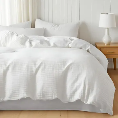 Produktbild von Seersucker Bettwäsche 155x220 Weiß Gestreift Musselin Sommer Bettbezug Set 155x220+80x80cm Mikrofaser