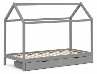 Produktbild von Homestyle4u Kinderbett 90x200 mit Lattenrost mit Bettkasten 2er Set Strauraum Schublade Hausbett Grau