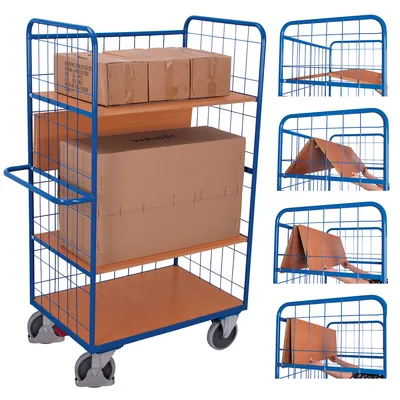 Produktbild von VARIOfit Etagenwagen, hoch und vergittert mit 4 klappbaren Ladeflächen 1175x800mm Enzianblau RAL 5016