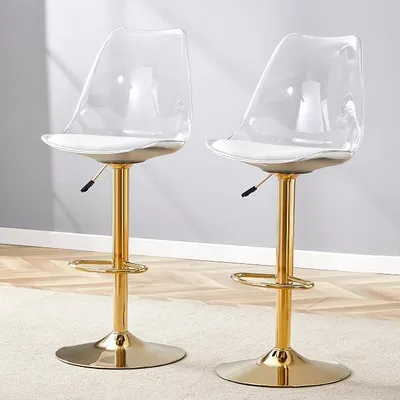 Imagen del producto de Conjunto de dos taburetes de bar con altura ajustable, giro de 360°, asiento de poliuretano y estructura transparente